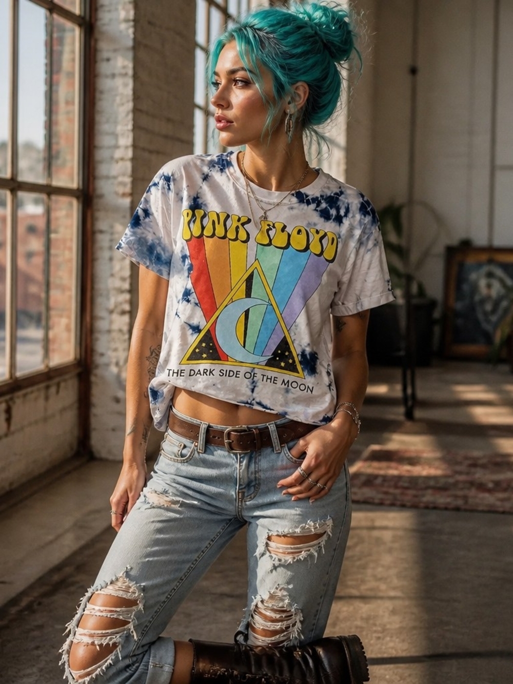 Pink Floyd Tie-Dye Crop Tee - White/Blue